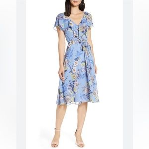 Eliza J Floral Ruffle V Neck Chiffon Tie Waist Dress In Ice Blue Women's 10